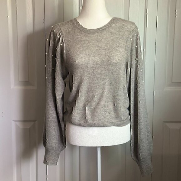Autumn Cashmere Sweaters - Autumn Cashmere Gray Sweater with Pearl Details - 100% Cashmere, Size XS